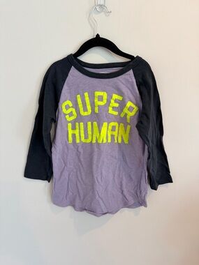 Crewcuts Purple Washed Black Baseball Tee with Neon Yellow 'SUPER HUMAN' Graphic